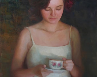 Original oil painting of woman with teacup, figurative art, "Tea and Roses", 24"x18", by Sherri Aldawood, free shipping