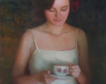 Original oil painting of woman with teacup, figurative art, &quot;Tea and Roses&quot;, 24&quot;x18&quot;, by Sherri Aldawood, free shipping