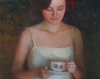 Original oil painting of woman with teacup, figurative art, "Tea and Roses", 24"x18", by Sherri Aldawood, free shipping