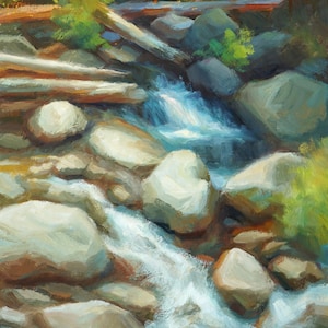 Puede incluir: Pintura al óleo de un arroyo que cae en cascada sobre rocas. El agua es de un azul brillante, que contrasta con los tonos neutros de las rocas y los troncos. El follaje verde y los árboles son visibles en el fondo. La firma del artista está en la esquina inferior izquierda.