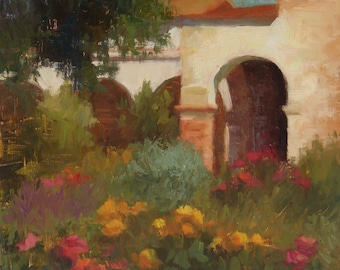 mission san juan capistrano, california mission, southwest, &quot;Mission Garden&quot;, 10&quot;x10&quot;, original oil painting, by Sherri Aldawood, gift art