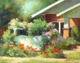 Gartenbild, Gartenbild, Blumenkunst, Blumenbild, Original Ölgemälde, &quot;Bungalow Garden, 11&quot;x14&quot;&quot; von Sherri Aldawood.&quot;