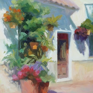 May include: An impressionistic painting of a building exterior with a red door and window. Potted plants with red, pink, and green foliage are in front of the building. The painting has a warm, sunny feel.
