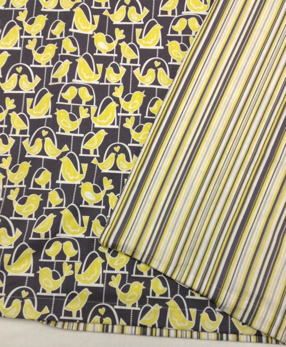Bird Duvet Cover crib or toddler, yellow and gray Michael Miller Grey Citron Bird Swing and yellow stripe