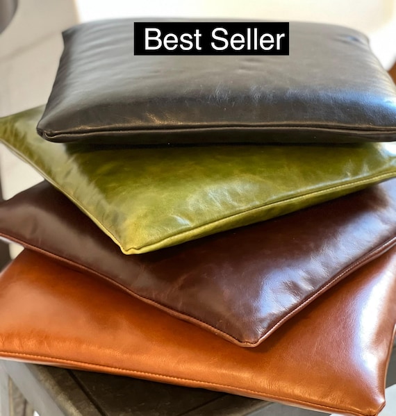 Custom Square Leather Barstool Cushion: Full Grain Aniline Cowhide, made to order