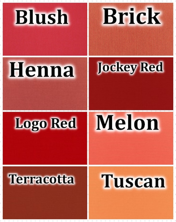 Sunbrella SWATCHES Canvas Fabric Options, Blush, Brick, Henna, Jockey Red, Logo Red, Melon, Terracotta, Tuscan, custom options