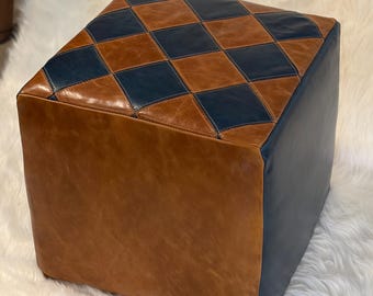 Full Grain Aniline Ottoman Poof One of a kind 18 x 18 x 18