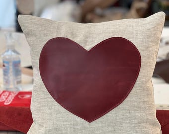 Leather & Linen Heart Pillow, genuine red leather stitched on quality linen, valentine, love, throw pillow