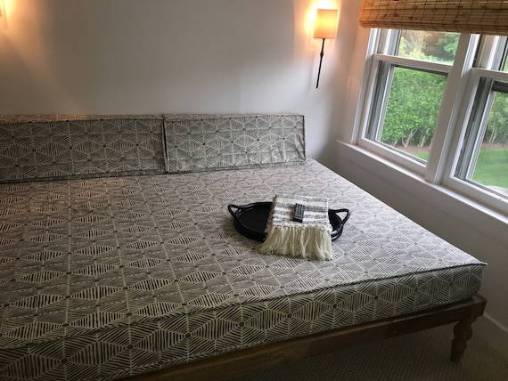 Fitted Daybed Mattress cover with CORDING/PIPING fully encased zippered twin, twin xl, full, or queen shown in Heni Summerland Gray custom