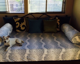 Daybed Fitted full or queen sized or Futon cover, customize fabric and size,(pictured in Premier  Manchester Cashmere Blue)  mattress cover