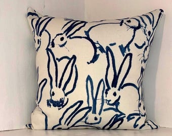Hunt Slonem Bunny Hutch Pillow in Navy White Linen