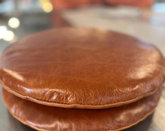 Custom Round Leather Barstool cushion full grain aniline top grade cowhide made to order, brown, camel, black, grey, green, tan
