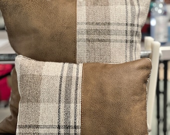 Leather and Plaid Pillow: Stain Resistant Upholstery Fabric and Full Grain Leather