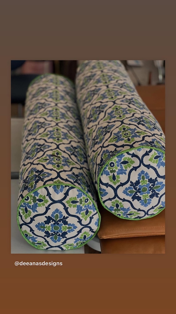 Set of Neck Roll bolsters 9" x 36" daybed side round bolsters, blue & green, choice of fabric, custom, with or without inserts, Cotton slub