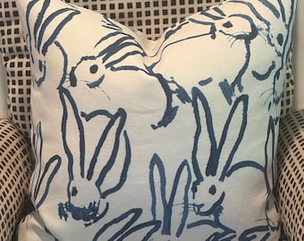 Hunt Slonem Bunny Hutch Pillow in Navy White Linen