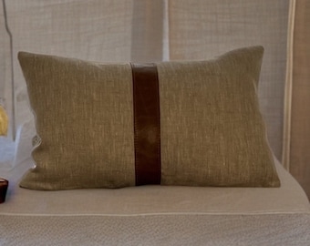 Linen Bolster Pillow: Bourbon Leather Stripe Detail
