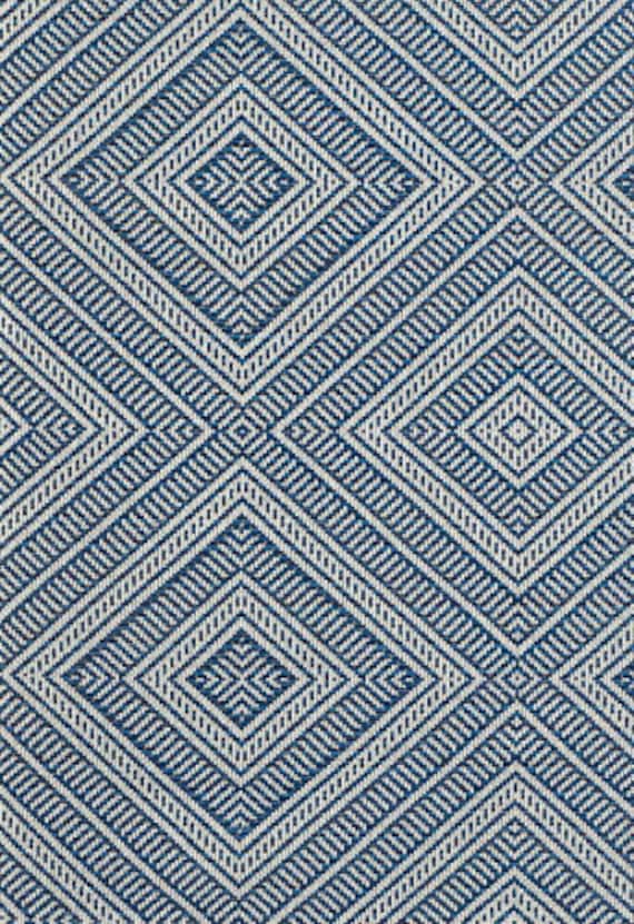 Schumacher Indoor Outdoor Tortola Marine Diamond Upholstery Fabric Navy off white geometric stain and water resistant fabric