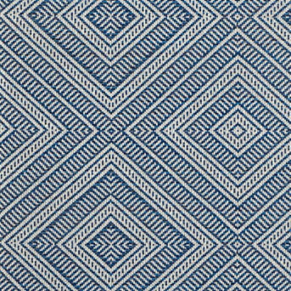 Schumacher Indoor Outdoor Tortola Marine Diamond Upholstery Fabric Navy off white geometric stain and water resistant fabric