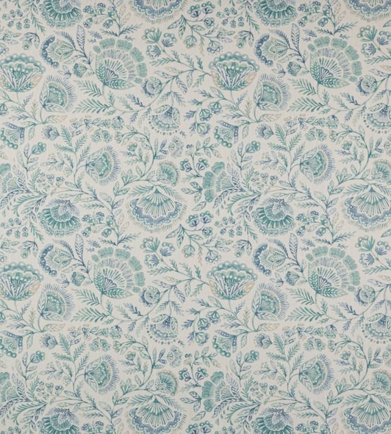 Jane Churchill Casidy Aqua Fabric, 1 yard plus piece, J0150-01 Floral Jacobian print cotton linen home decor