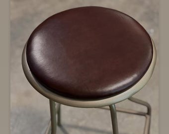 Custom Leather Barstool Cushion: Aniline Full Grain, 1.5" Thick, Round, upholstered to plywood