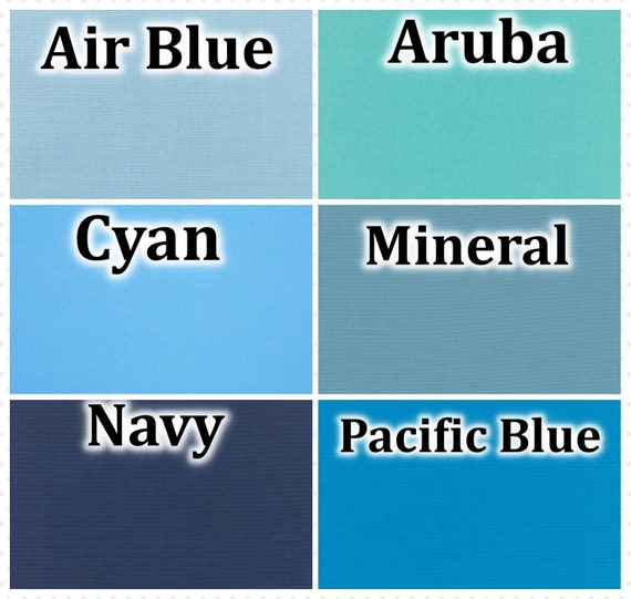 Sunbrella Canvas SWATCHES Fabric Options in Blues, Air Blue, Aruba, Cyan, Mineral, Navy, Pacific Blue,  options for custom items