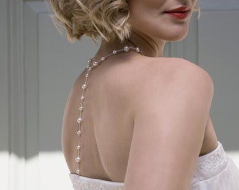 Long Back Bridal Necklace | Back Drop Necklace | Swarovski Pearl Wedding Necklace | Juliet