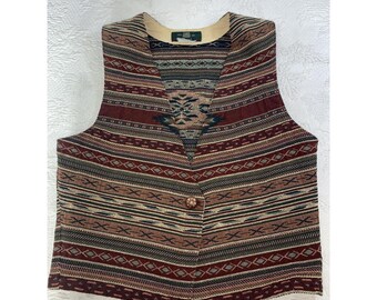 ORVIS Southwestern Aztec Tapestry Copper Button Vest Women's Medium Vintage USA