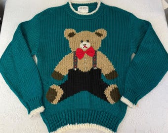 Vintage Heidi 80s Teddy Bear Sweater Teal Chunky Knit Bow Tie Novelty Small