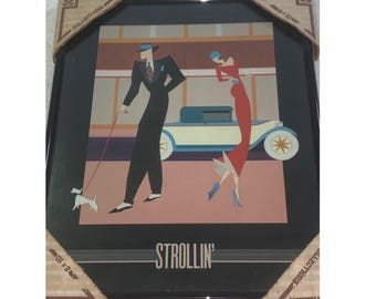 Giancarlo Impiglia Strollin Art Deco Print Vintage 1980s Framed 8x10 Silverwood