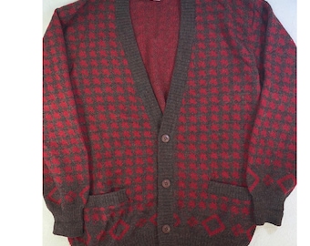 Vintage Gucci Cardigan aus den 80er Jahren, Wolle, Alpaka, Mohair, rotbraunes Hahnentrittmuster, Italien, Größe 50