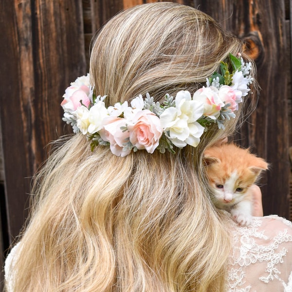 Blush flower crown Blush pink and ivory flower crown with greenery Wedding floral crown Pink floral crown Wedding hair wreath
