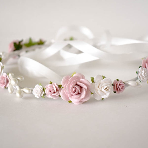 Dusty Rose flower crown. Rose pink and white flower crown. Rose floral crown. Wedding headpiece. Flower girl headband. Bridal flower crown.