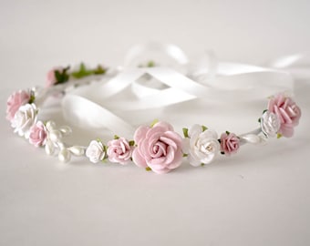 Dusty Rose flower crown. Rose pink and white flower crown. Rose floral crown. Wedding headpiece. Flower girl headband. Bridal flower crown.
