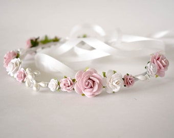 Stoffige roze bloemenkroon. Rozeroze en witte bloemkroon. Roze bloemenkroon. Bruiloft zendspoel. Hoofdband voor bloemenmeisjes. Bruids bloemenkroon.