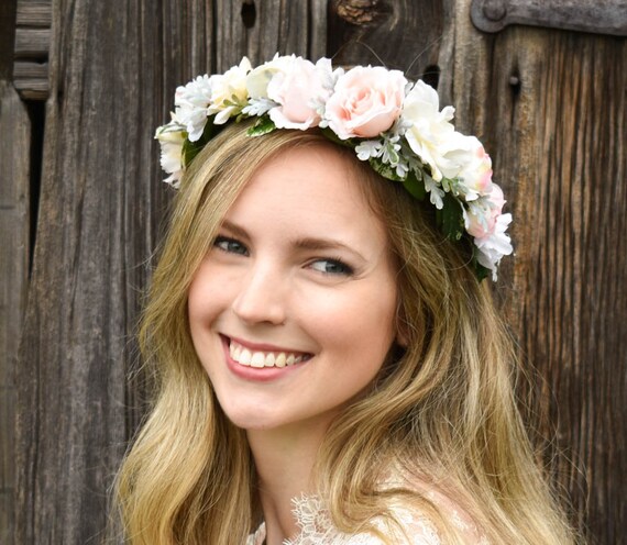 Floral flower crown wreath blush pink ivory buttercream Blush Flower Crown Blush Pink and Ivory Flower Crown With  main image 4