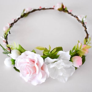 Pink flower crown. White and pink floral crown with greenery. Flower girl circlet. Pale pink silk floral crown. Bridesmaids wreath