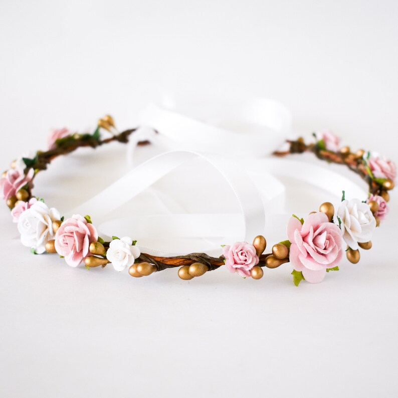 Pink Gold and White Flower Crown. Dusty Rose Floral Crown. - Etsy