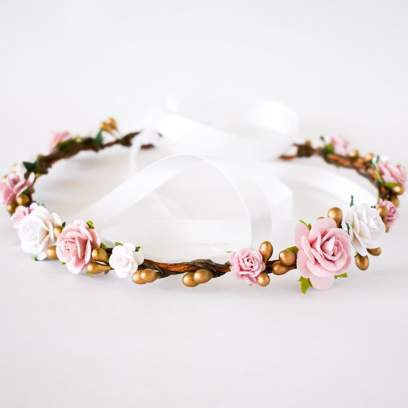 Pink Gold and White Flower Crown. Dusty Rose Floral Crown. Etsy