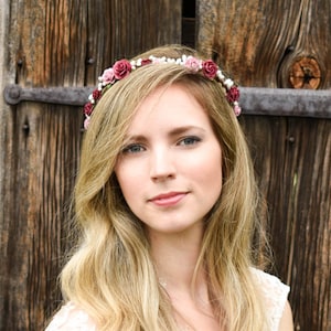 Burgundy and Dusty Rose flower crown. Mauve flower crown. Burgundy bridal headpiece. Dusty Rose wedding headpiece. Burgundy hair flowers.