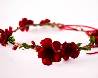 Deep Red velvet flower crown. Burgundy floral crown . Red rustic flower crown. Winter crown. Burgundy Wine velvet headband.