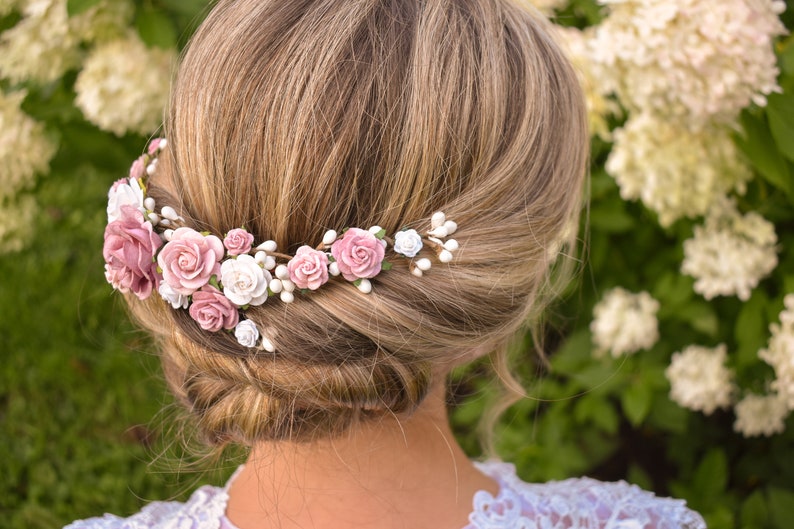 Pink and white hairpiece Dusty Rose Pink Wedding Headpiece Rose pink wedding hair flowers White wedding headpiece Dusty rose hair flowers