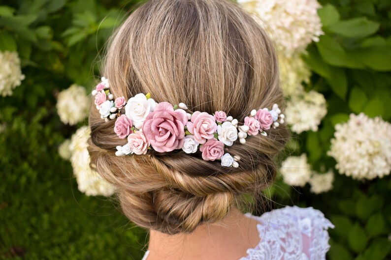 Pink and white hairpiece Dusty Rose Pink Wedding Headpiece Rose pink wedding hair flowers White wedding headpiece Dusty rose hair flowers