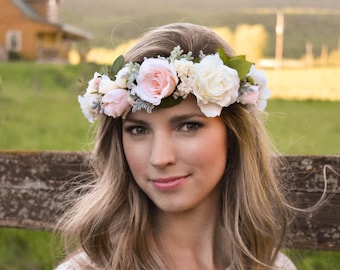 Blush flower crown Blush pink and ivory flower crown with greenery Wedding floral crown Pink floral crown Wedding hair wreath