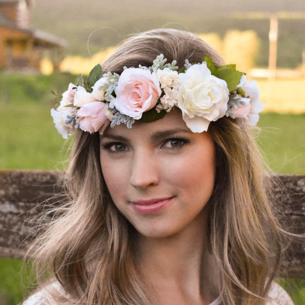 Blush flower crown Blush pink and ivory flower crown with greenery Wedding floral crown Pink floral crown Wedding hair wreath