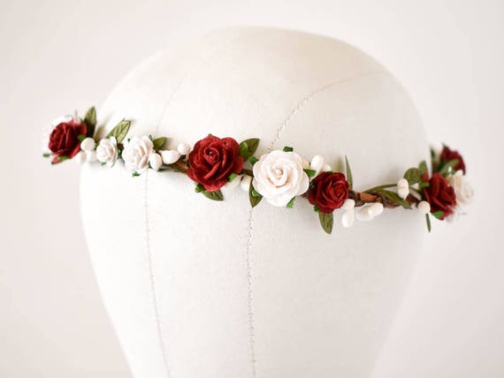 Couronne De Fleurs Rouges Et Blanches Couronne Florale Rouge Profond Et Blanc Bande De Tête Rouge Couronne De Fleur Rustique Rouge Bandeau Rouge
