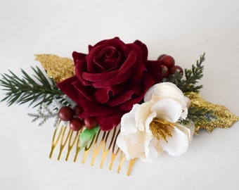 Burgundy, Gold, and Ivory floral headpiece.  Velvet wedding hair comb. Burgundy velvet and ivory lace hairpiece. Bridal hair comb