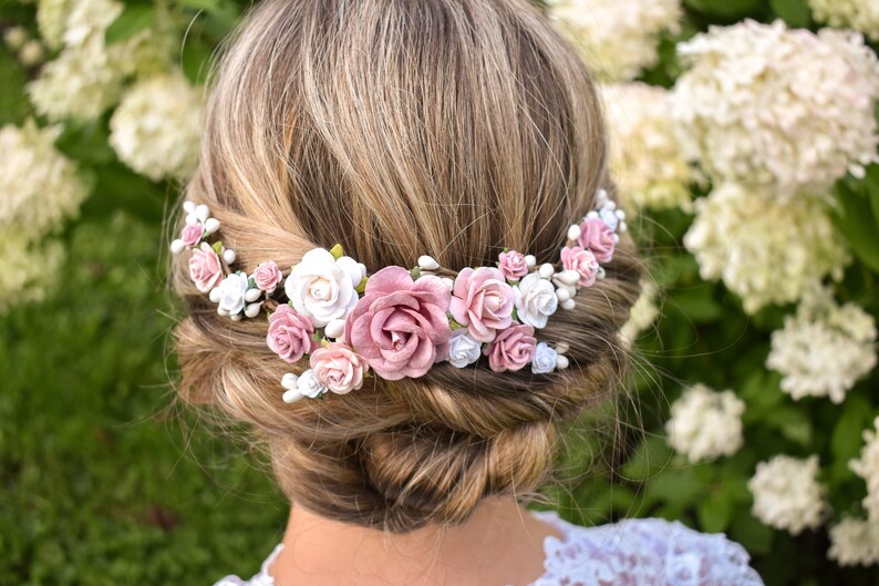 Pink and white hairpiece Dusty Rose Pink Wedding Headpiece Rose pink wedding hair flowers White wedding headpiece Dusty rose hair flowers