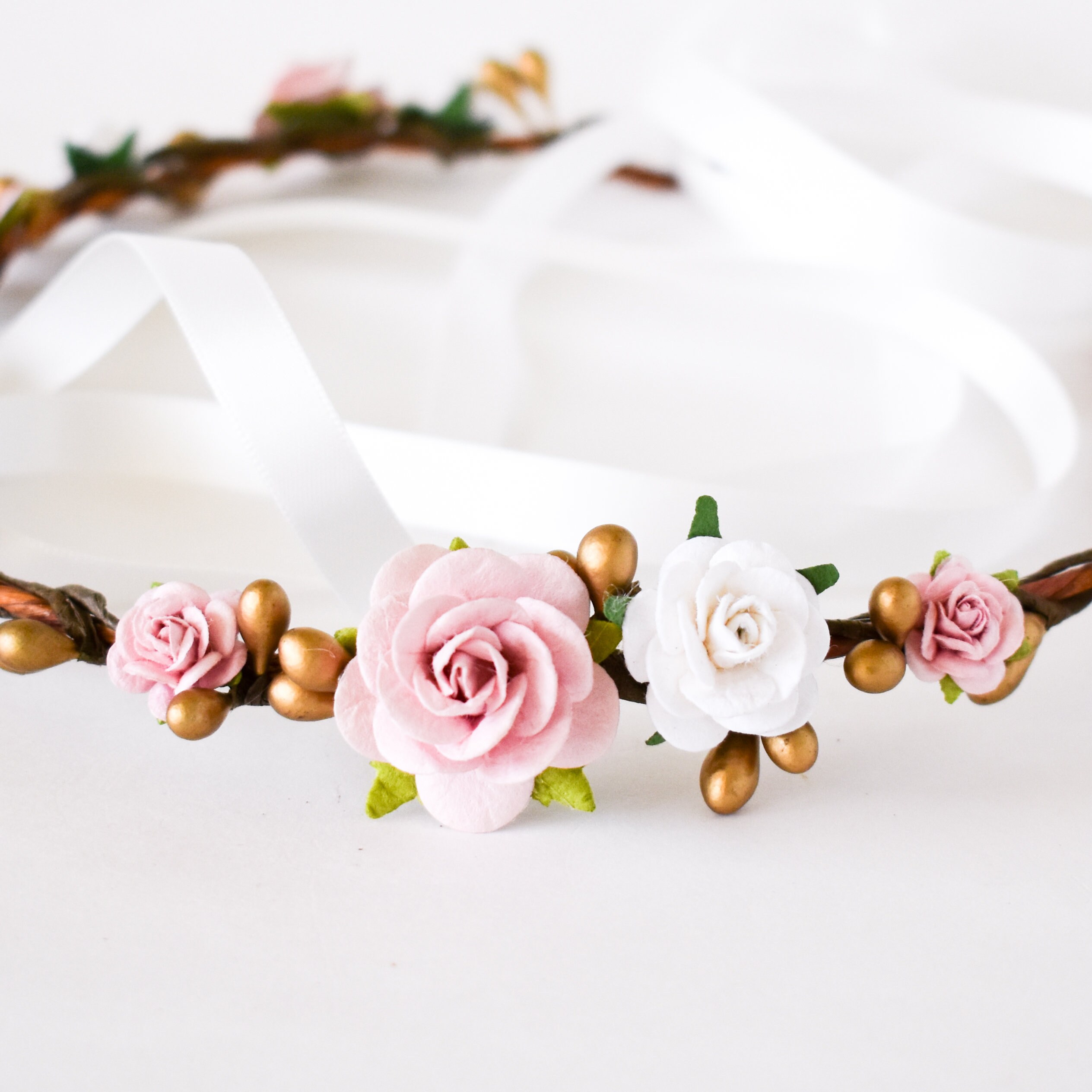 Pink, Gold, and White Flower Crown. Dusty Rose Floral Crown 