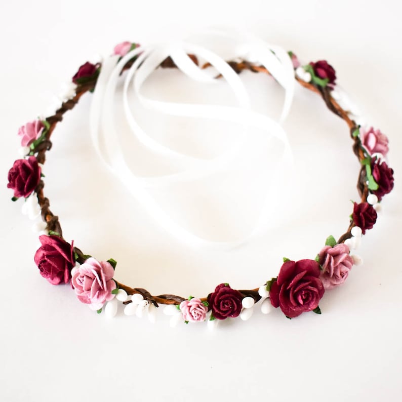 Burgundy hair flowers. Burgundy bridal headpiece Mauve flower crown Dusty Rose wedding headpiece Burgundy and Dusty Rose flower crown