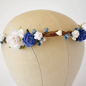 Blue flower crown. Royal blue and white floral crown. Boho weddings. Wedding flower crown. Flower girl headband. Bridesmaids hair flowers.